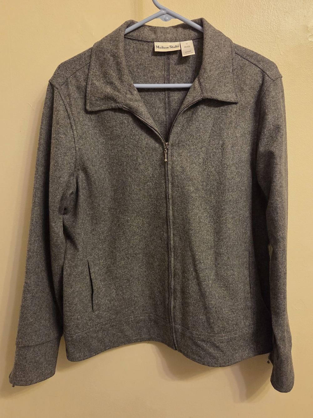 Madison Studio Grey Wool Blend Zip Jacket Coat 12 Minimalist Quiet Luxury Preppy